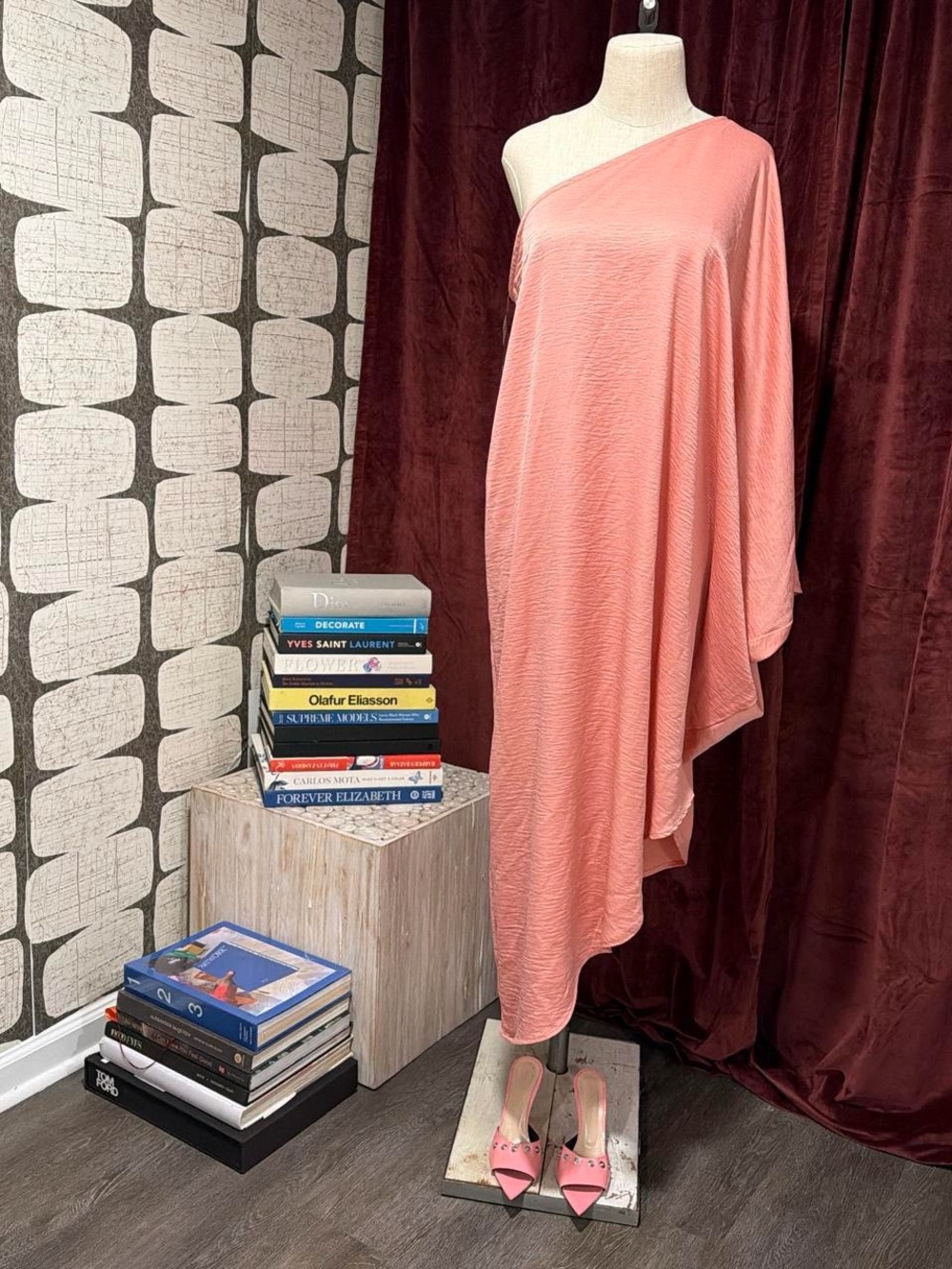 One-Shoulder Coral Pink Draped Women’s Dress